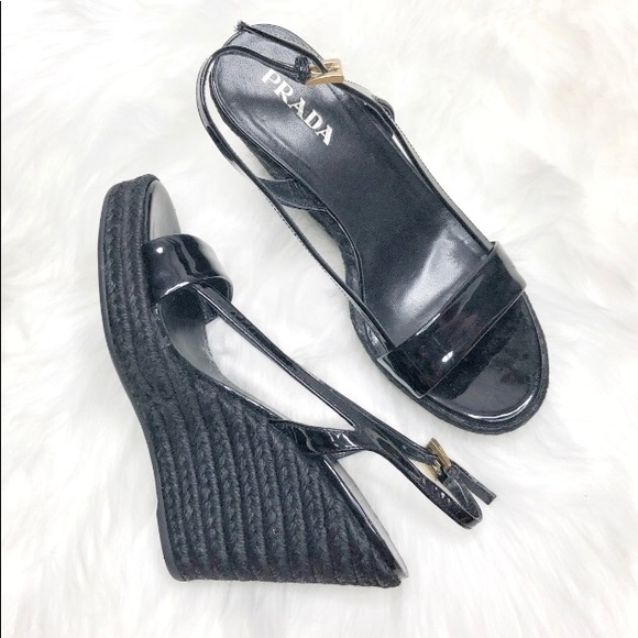 Prada Patient Leather Espadrille Wedges Sandals - Picture 1 of 9